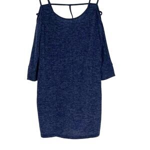 CES FEMME 3/4 SLEEVE COLD SHOULDER SWEATER TOP,  WOMENS, L, DARK HEATHER BLUE